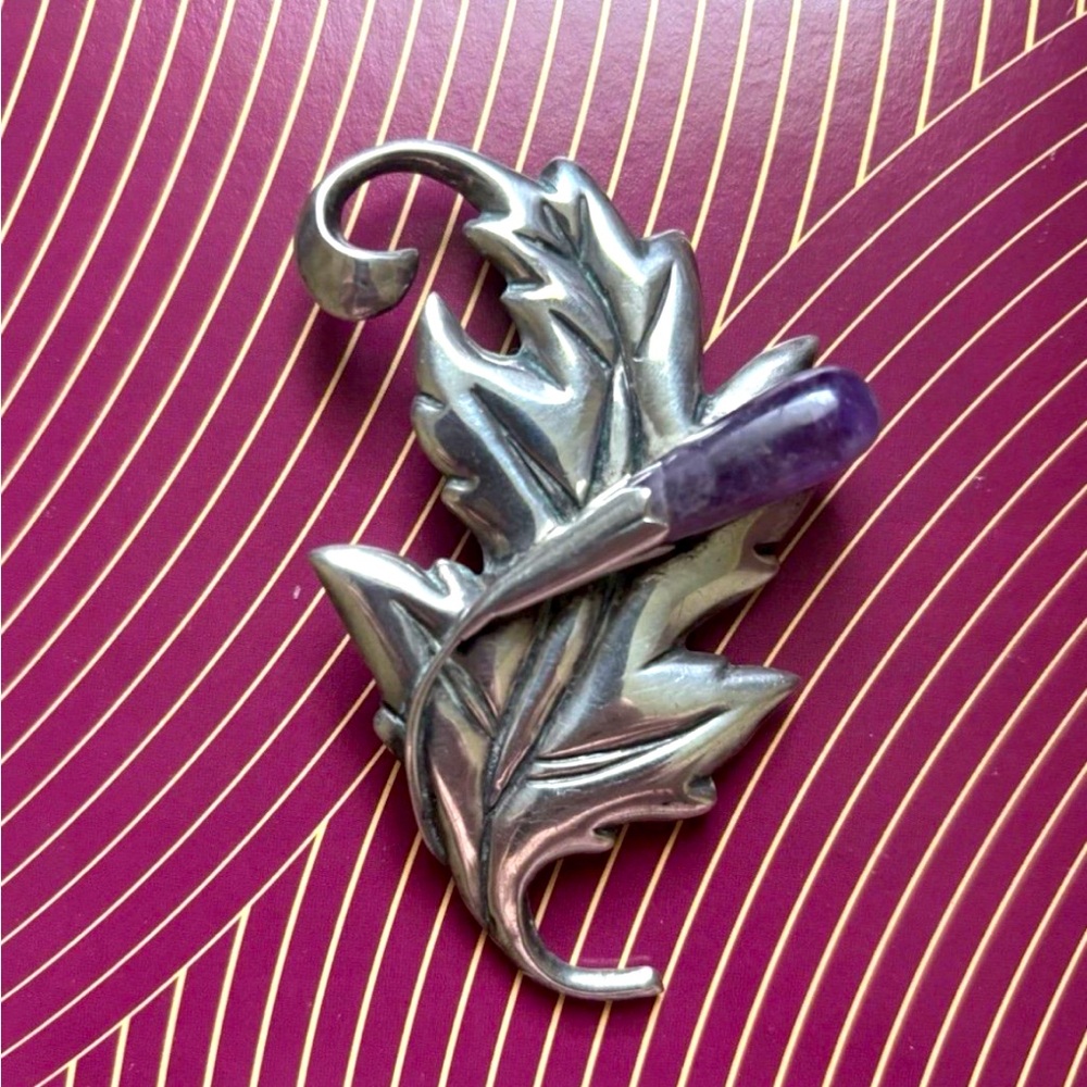 Taxco 1950’s Silver Leaf Broach with Amethyst accent